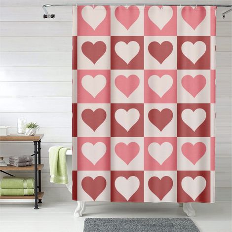 Rideau de douche cœurs rouges et roses doux, polyester décor romantique, 150x180 cm (1/5)