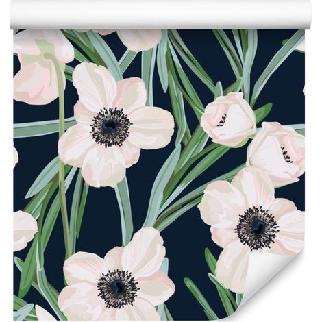 Papel pintado con flores y fondo oscuro para salón y dormitorio, 50x1000 cm. (1/5)