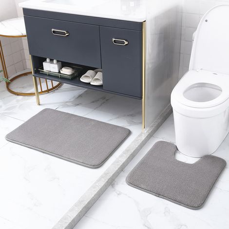 MINKUROW Set Di 2 Tappetini Da Bagno, Tappetino Da Bagno In Microfibra Assorbente, Tappetino Da Bagno Antiscivolo 50x80cm E Tappetino Wc A Forma Di U Tappetino Wc 50x50cm (Grigio) (1/3)