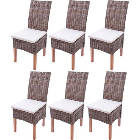 Lot de 6 chaises M44 salle à manger, rotin kubu/bois, 47x52x97cm - avec coussins