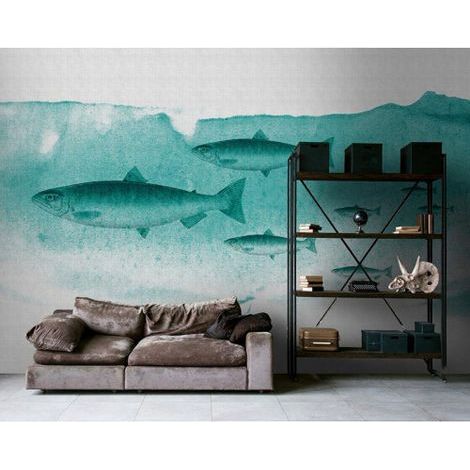 Papier peint panoramique turquoise & blanc salle de bain Tapisserie panoramique océan avec poisson Papier peint panoramique mer pour couloir (1/3)