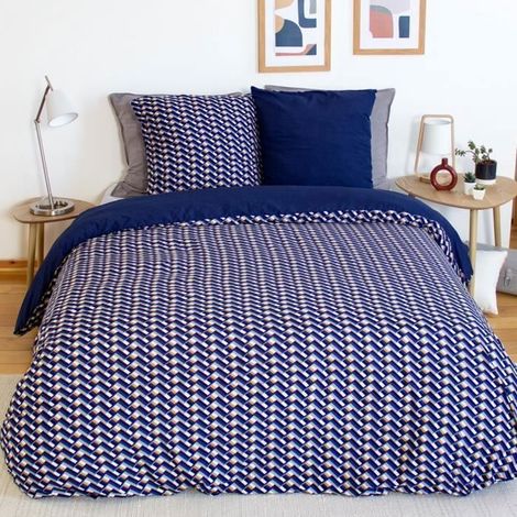 Parure de lit 220x240 cm - COTE DECO - Géométrique Bleu Jaune - Microfibre - 2 Taies 63x63 cm