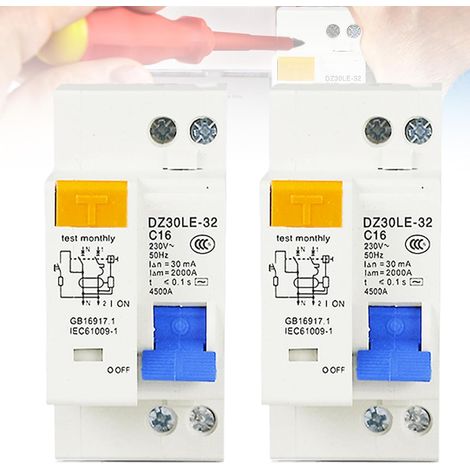 Lot de 2 disjoncteurs Fi 16 A, AC 230 V 30 mA C16 1P+N, montage sur rail DIN Protection contre les surcharges, Disjoncteur différentiel avec protection contre les surintensités, interrupteur (1/5)