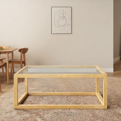 Table basse en bois d'hévéa avec plateau en verre trempé 100 (1/5)