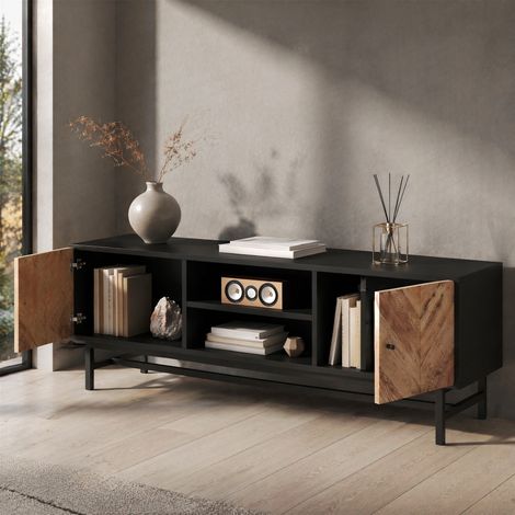 Mobile TV 150 cm nero e effetto legno, con 2 ante e vani aperti HAVRYA (1/5)