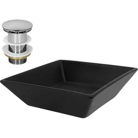 ML-Design Lavabo d'Appoggio in Ceramica Nero Opaco Quadrato 410 x 410 x 120 mm Lavandino Design Moderno Minimalista Lavello Lavamani Sanitari Arredo per Bagno Toilette WC Ospiti con Piletta Cromata