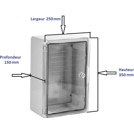 AR – Coffret électrique étanche IP65 en ABS – Dimensions 350x250x150mm – Plaque de fond pleine – 4 pattes de fixation murale