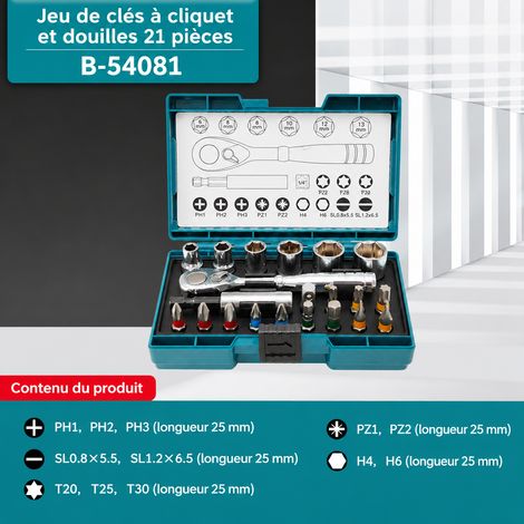 Coffret de 21 embouts à cliquet B-54081 magnétiques pour perceuse et visseuse électrique, 1 kg. – Livraison gratuite