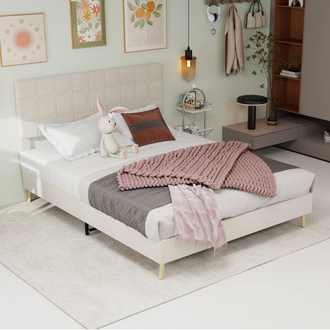 Cama doble de terciopelo beige de 140x200 cm con cabecero tapizado a cuadros y estructura de madera. (1/5)