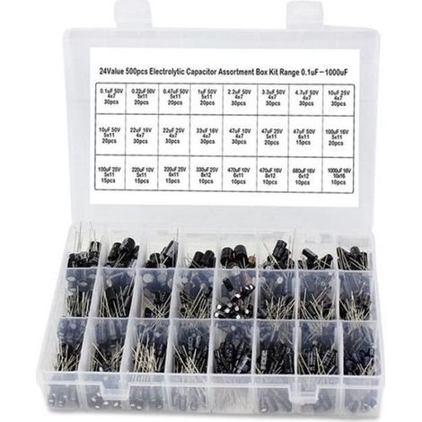 500pcs - lot Condensateurs electrolytiques de valeurs de 0.1UF-1000UF 24 Melange 16-50V Condensateur electrolytique Kit et boite de (1/4)