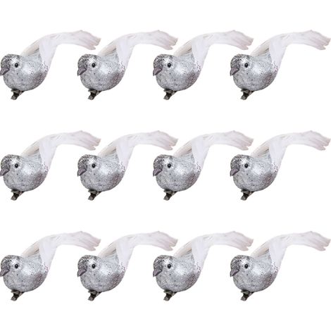 [Decoración] [Estatuas] [Miniaturas] Juego de 12 pájaros en miniatura con aspecto plateado, hechos de espuma, plumas y clips de metal para decoración de jardines, bodas e interiores. (1/5)