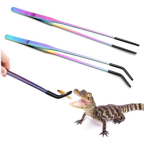 2 pinzas de acero inoxidable para alimentar reptiles con punta de goma, Pinzas largas rectas y curvas de 27 cm, Suministros para terrarios (1/5)