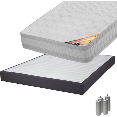 TAHITI - Pack Matelas 160x200 + Sommier Tapissier Démontable 2x20 Lattes Anthracites + Pieds Argent 15cm (1/5)