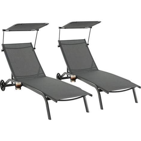 Lot de 2 Bain de Soleil Inclinable à Dossier 6 Niveaux, Transat Jardin Exterieur avec Roues, Auvent Réglable, Charge 150 KG (Gris,Style 1) (1/5)