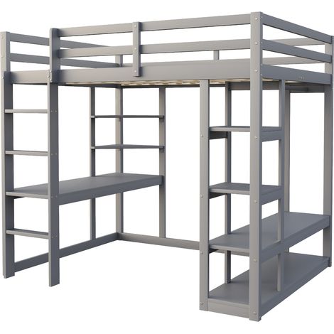 Hochbett mit Leiter Massivholz 140200 cm, Mit Tisch und Regalen, Mit Einfachen Aufhängungen und Ablage Laminat, Kinderbetten Jugendbetten, Doppelbetten, Grau (1/5)