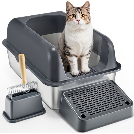 VEVOR Bac a Litiere pour Chat Profondeur 152,4 mm Extra Large en Acier Inoxydable avec Pelle, Repose-pied Filtrant, Cotes Hauts, sans Odeur, Facile a Nettoyer, Adapte aux Grands Chats, Gris Fonce