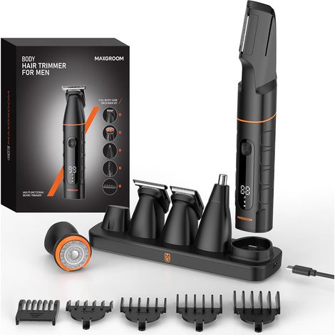 Men's 5-in-1 Body Clipper - IPX6 Waterproof Battery life 120 min, USB-C charging station, professional intimate shaver for testicle legs nose