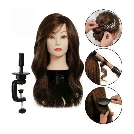 Cabeza de entrenamiento Alinka de 80 cm, color marrón, cabello mixto 60% + mango, para peluquería y peinado. (1/5)