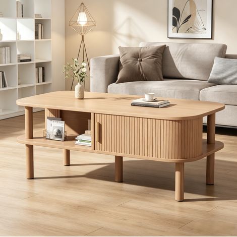 Table basse 110x55x45 cm scandinave avec porte coulissante rainurée et rangement ouvert, MDF coloris - naturel (1/5)