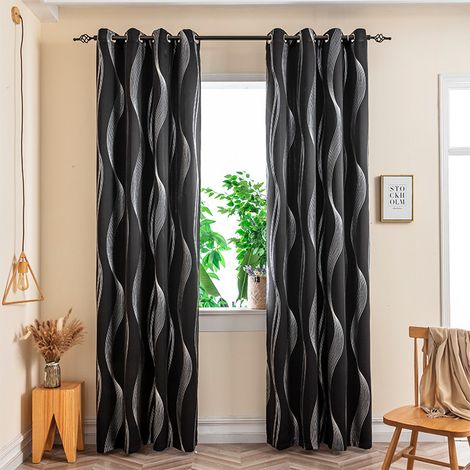 Rideaux occultants 1pc, rideaux à œillets imprimés en feuille d'aluminium à rayures ondulées, noir