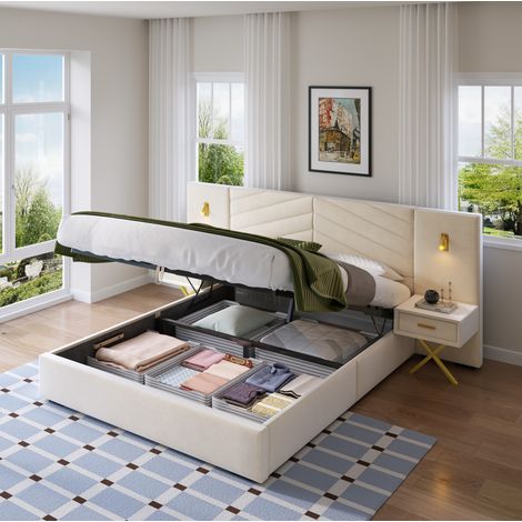 Lit coffre 266x205 cm avec 2 tables de chevet et tête de lit, en bois beige et blanc, sans matelas (1/5)