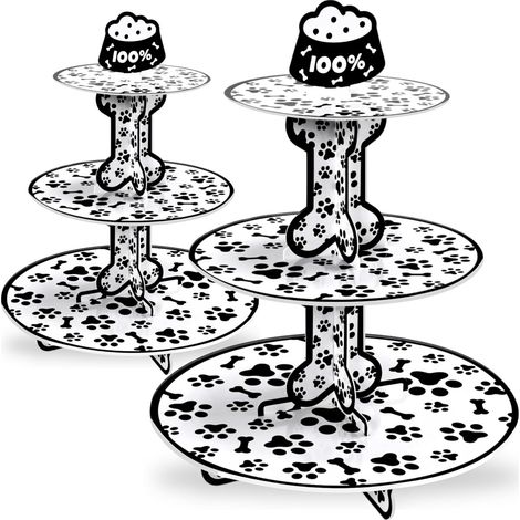 Lot de 2 présentoirs à cupcakes à 3 étages avec motifs d'os de chien, présentoirs à desserts en carton à motif de pattes pour anniversaire sur le thème des chiens, fêtes de chiots et événements pour a (1/5)