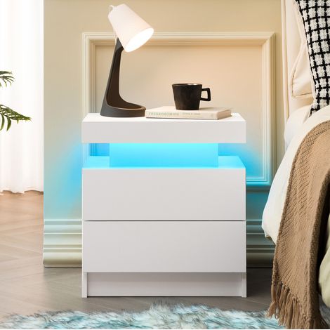 MEUBLIV Table de chevet 50x53x36 cm blanche – LED réglable, 2 tiroirs, rangement (1/5)