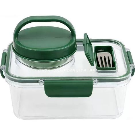 Portable, quirky, and creative new square salad jar, multi-functional food storage box for the kitchen - green, no fork -