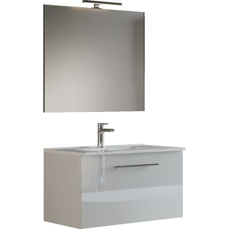 Meuble de salle de bain suspendu 60 cm monocassettone blanc brillant laqué avec lavabo, miroir et lampe LED, L.62 x P.46 x H.45 cm (1/3)