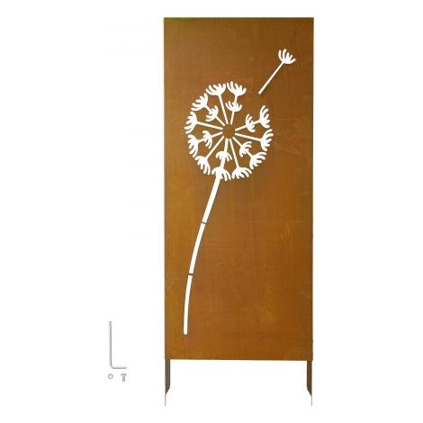 Separador de Ambientes Metal, 61 x 160 cm, Biombo de Exterior, Patrón de Diente de León, Marco de Acero, Estacas de Tierra, Pantalla de Privacidad para Jardín Patio Terraza Pared, Marrón Óxido (1/5)