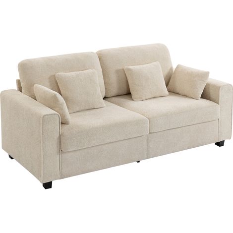 Canapé 3 places beige velours Raindrop, assise profonde, coussins plumes, larges accoudoirs, 4 coussins
