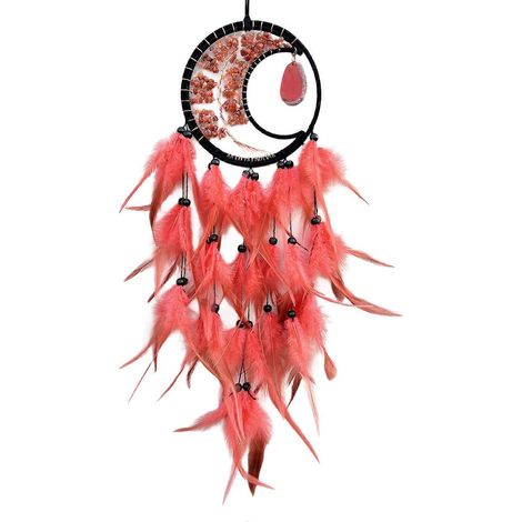 Magnifique attrape-rêves à pompons de plumes et pendentif en cristal, ornement suspendu pour une décoration apaisante à la maison ou à la voiture, rouge pastèque (1/4)