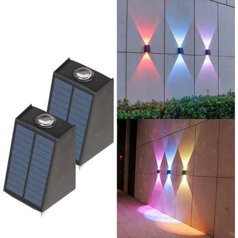 Lot de 2 Lampes solaires pour jardin extérieur,appliques murales d'extérieur à lumière solaire,(Lumière colorée) applique murale solaire à LED vers le haut et vers le bas, lampes solaires décoratives (1/5)