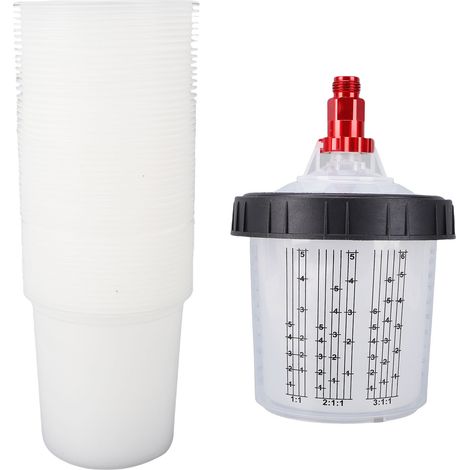 Système de doublures et couvercles pour pistolet de pulvérisation, jetable, 50 pièces de doublures de 20,3 oz, 50 couvercles, 1 godet dur, 1 anneau de fixation, 10 bouchons, 1 tige de mélange, 2 adapt (1/5)