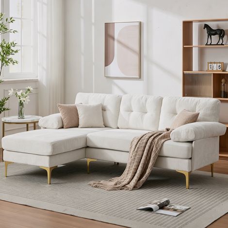 Ecksofa 187.5x130x79 cm beige aus Holz und Chenille mit wechselbarer Liegefunktion (1/5)