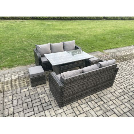 Fimous Patio Rattan Garden Furniture Set with Oblong Rectangular Dining Table 2 Small Footstools 8 Seater Outdoor Lounge Sofa Set Dark Grey Mixed (1/5)