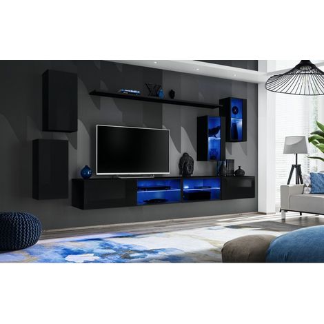 Ensemble meuble TV mural Switch XXV - L 280 x P 40 x H 140 cm - Noir - Livraison gratuite