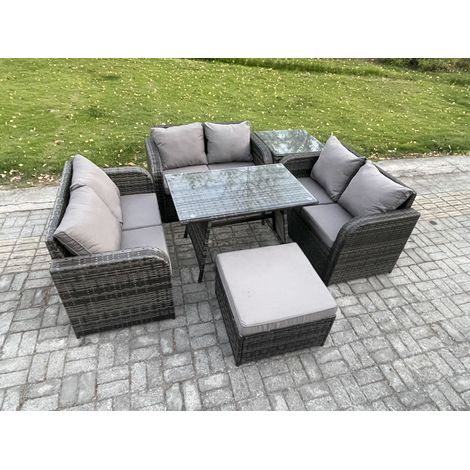 Fimous Salon de jardin 7 places avec Canapé d'amour Table à manger rectangulaire Grand tabouret Table d'appoint Gris foncé mixte (1/5)