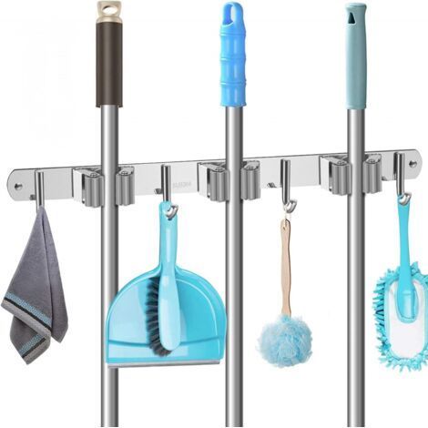 304Wall Broom Hanger, Wall Broom Holder with 3 Slots and 4 Hooks, Removable Stainless Steel Wall Broom Holder, Wall Broom Holder without Drilling for Garden, Bathroom, Gray (1/5)