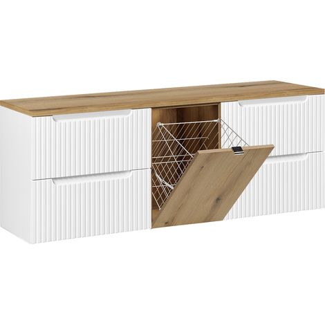 Mueble bajo lavabo Riva 160cm blanco y madera con cesto para ropa sucia