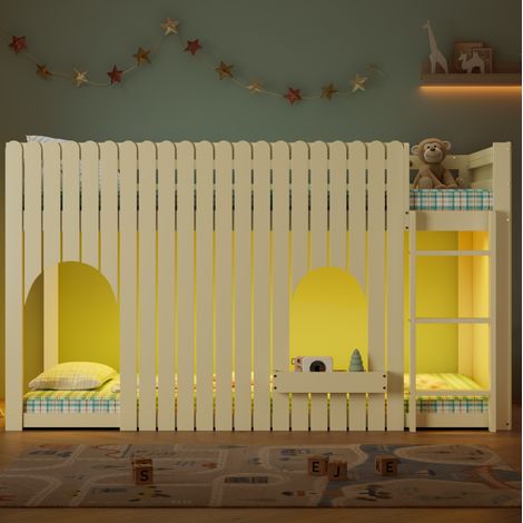 Lit mezzanine enfant 90x200 cm en bois et MDF naturel, LED multicolores, échelle 3 marches (1/5)