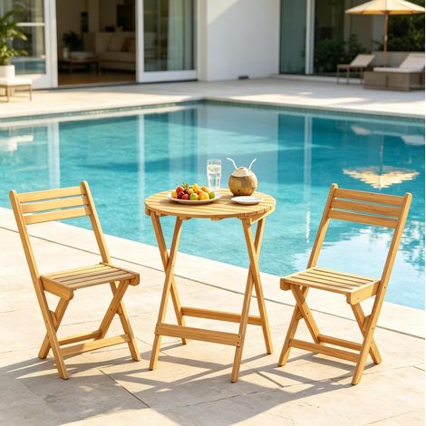 Klappbares Bistro-Set Ø60x75 cm + 2 Stühle 42x51x83 cm Akazienholz natur für Balkon – MEUBLIV (1/5)