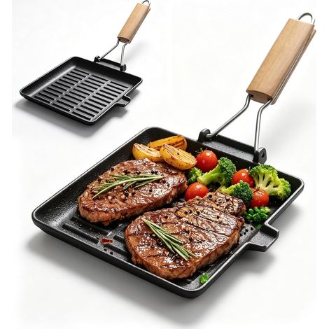 Poêle à steak en fonte - Avec poignée en bois pliable - Carrée - Pour tous les types de plaques de cuisson - Camping - Extérieur - Cuisine - Facile à nettoyer (28 × 28 cm) (1/5)