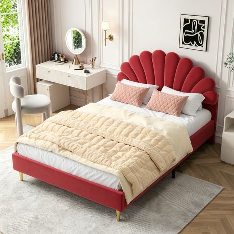 Polsterbett Doppelbett 140x 200 cm, Jugendbett Samtbett mit Blütenblatt-Kopfteil, Bettgestell für Erwachsenen mit Lattenrost, Ohne Matratze, Rot
