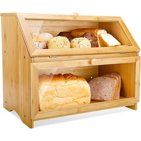 Boîte à pain en bois, 2 compartiments, avec fenêtre, grande capacité, style rustique (1/5)