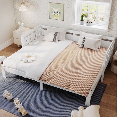 Cama nido extensible 206x98-187x66 cm blanca de madera de pino con cabecero de corazón (1/5)