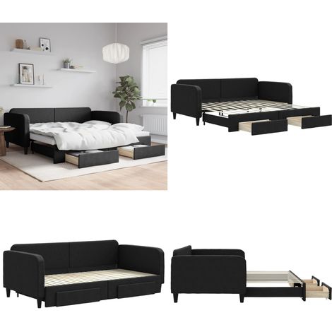 Tagesbett Ausziehbar mit Schubladen Schwarz 100x200 cm Stoff - Sofa Bett - Schlafcouch - Gästebett - Daybed - Aufstellbett - Home & Living