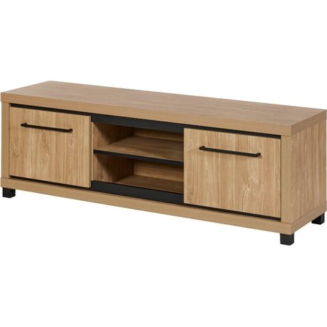 Meuble TV 2 portes 2 niches aspect bois finition Houston Oak poignées métal noires - VASALY (1/5)