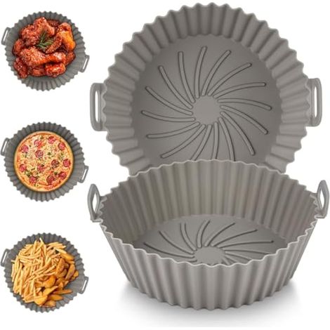 Lot de 2 tapis silicone réutilisables pour friteuse à air 16,5 cm, résistant à la chaleur, antiadhésif, accessoire double pour panier de friteuse à air et four (Gris)