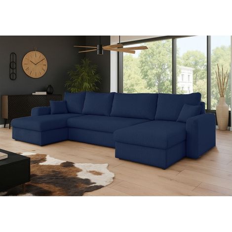 Tendencio – Canapé d'angle convertible en U velours côtelé bleu – Dimensions 304x140x80cm – Coffre de rangement – Surface de couchage 268x130cm